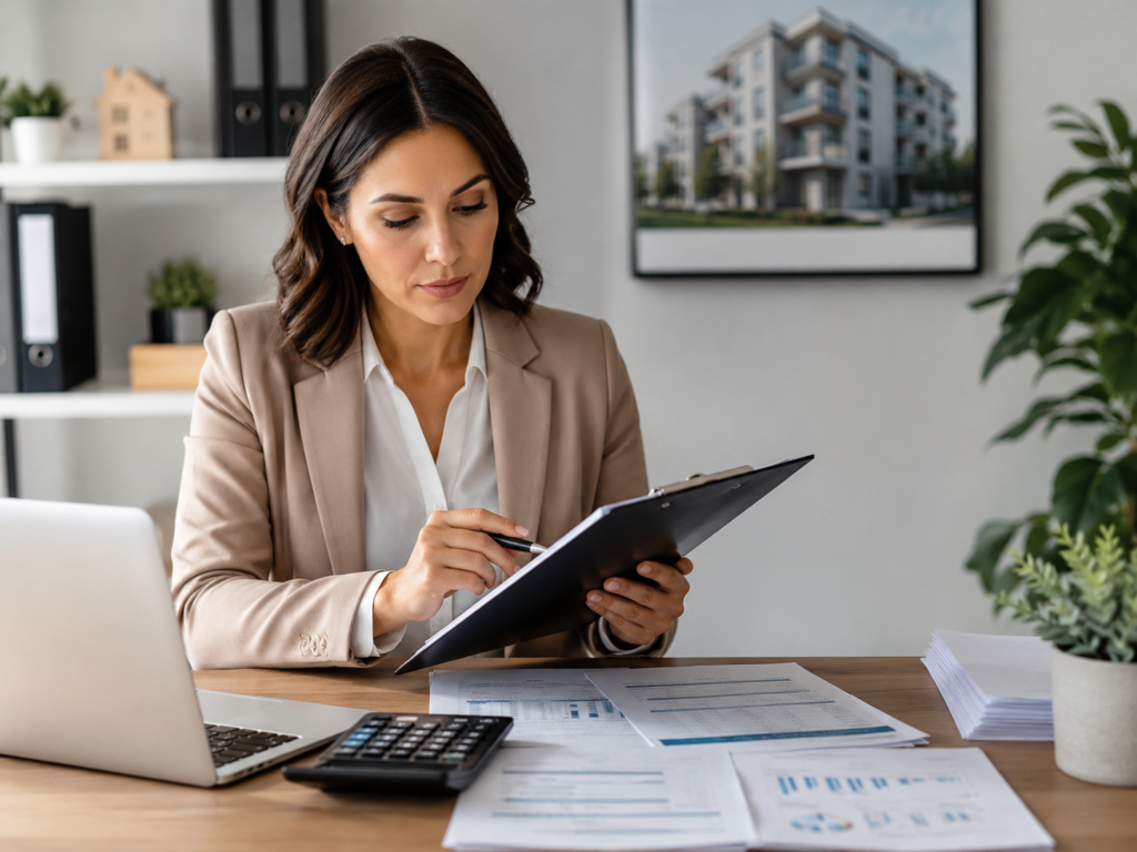 property manager checking documents clipboard
