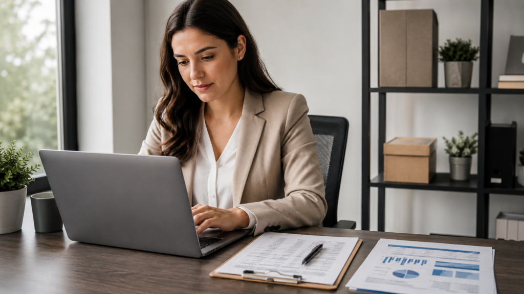 A woman in a business suit focused on her laptop