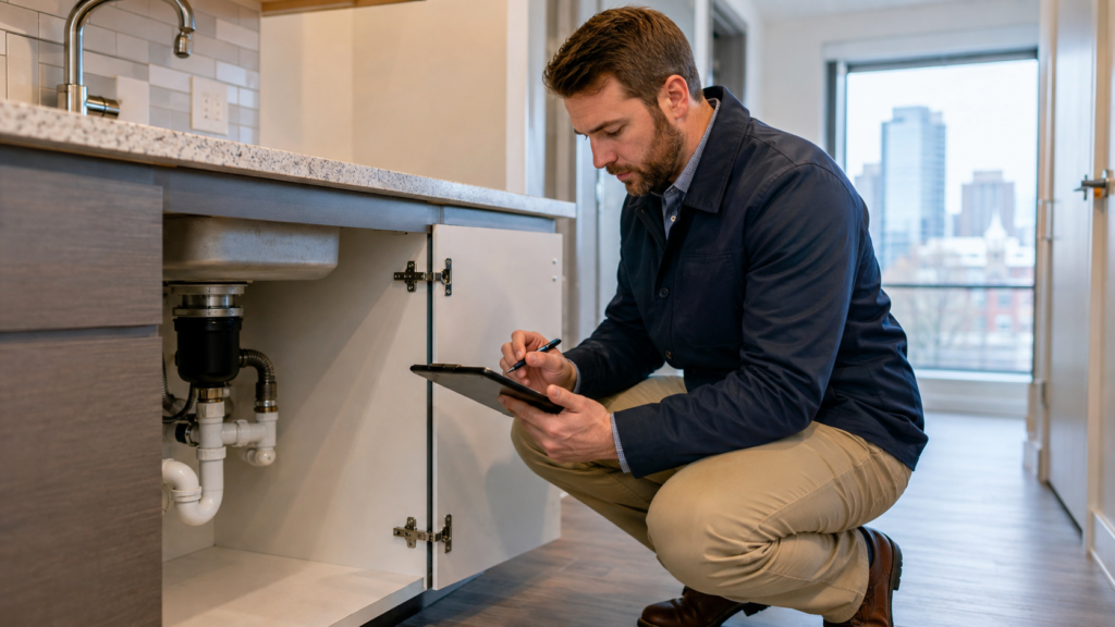 A man kneels in front of a sink, holding a tablet while examining something closely.