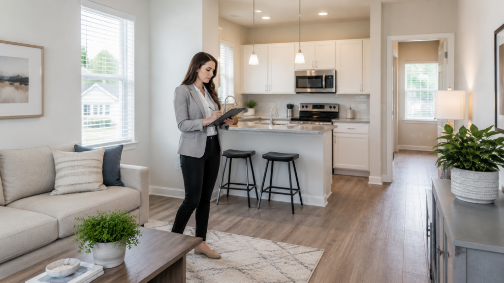 A woman stands in a living room, holding a tablet and looking thoughtfully at the screen.