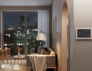 living room with the thermostat