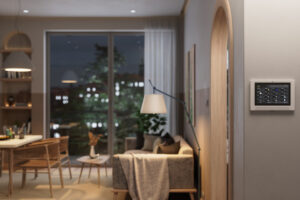 living room with the thermostat