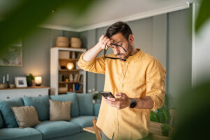 A male tenant appearing stressed while dealing with his landlord via smartphone.
