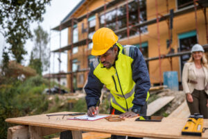 Construction worker in safety gear jotting down notes on a document.