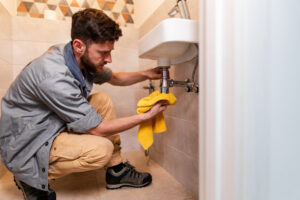 A plumber uses a rag to contain a leak under a bathroom sink, preventing further damage.