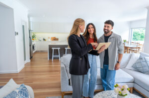 Property manager and a couple looking at a tablet researching real estate markets.
