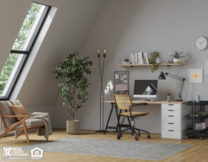 Modern cozy home office with desk, computer, armchair and indoor plants under skylight windows.
