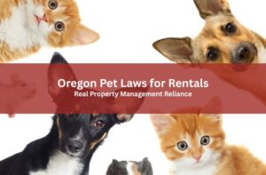 Dogs and cats surrounding a banner that reads “Oregon Pet Laws for Rentals”