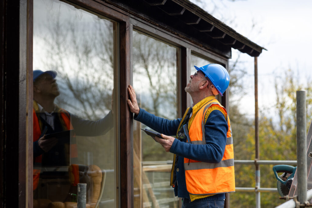 A medium shot of a building manager inspecting freshly fitted windows. He is ensuring the sealant is dry and that the structure is not damaged from fitting the windows. He is an inspector surveying the property in Hexham, in the North East of England. Videos are available similar to this scenario.