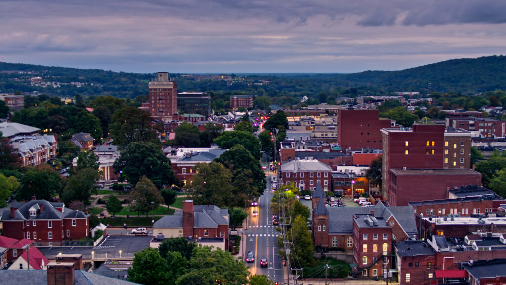 Aerial shots of Charlottesville, Virginia on a cloudy evening in early Fall.