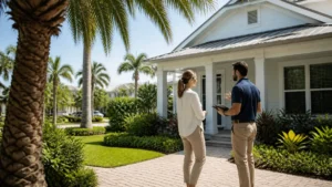 Property Management Sarasota FL hero image showing a well-maintained residential rental home in Sarasota with palm trees, coastal light, and professional curb appeal