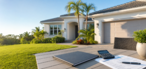 Southwest Florida rental home with tax documents and calculator, illustrating property-tax considerations for rental owners.