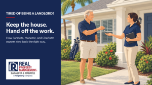 Florida homeowner handing house keys to a property manager outside his rental home, with the headline Keep the house. Hand off the work.