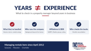 Graphic reading Years does not equal Experience, with four things to check in a property manager: what they've handled, who runs the company, affiliations and BBB rating, and who checks the books