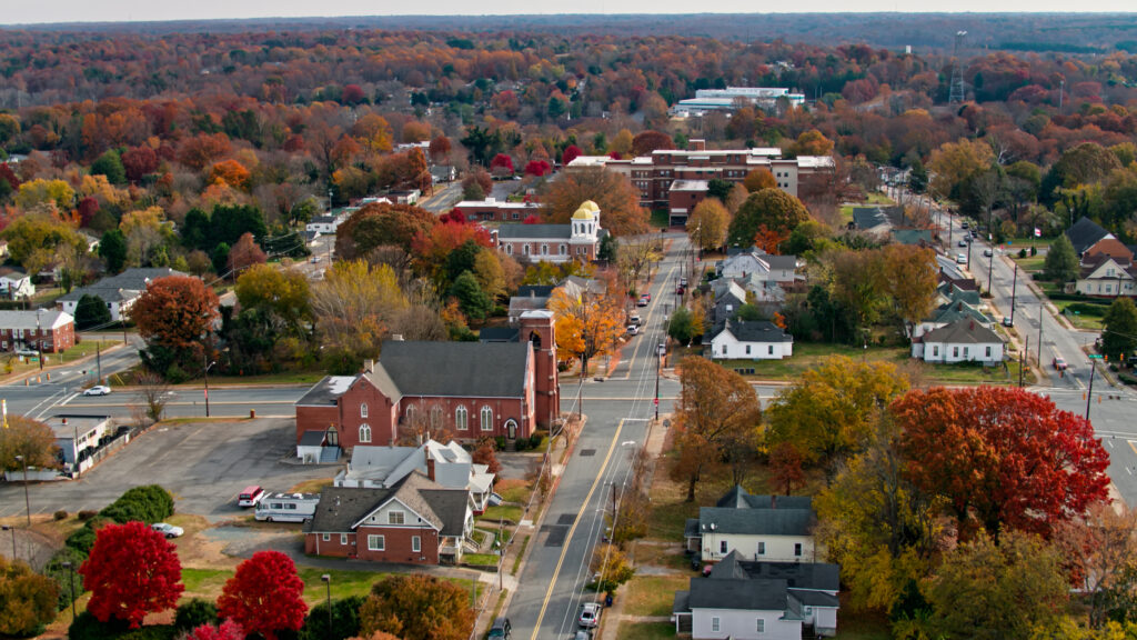 Aerial shot of Winston-Salem, North Carolina on a cloudy day in Fall.