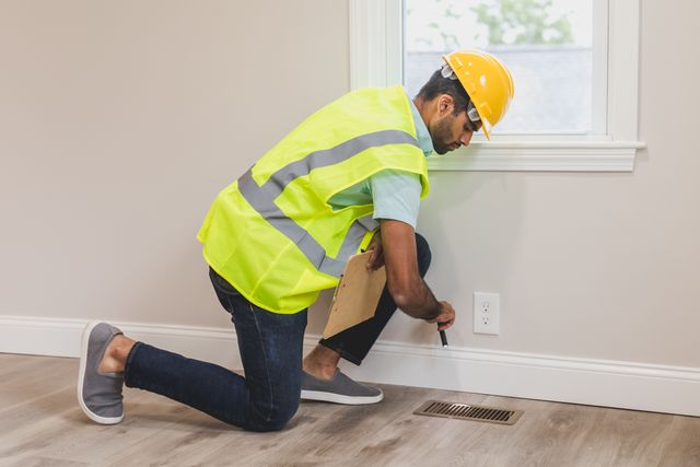 person wearing a hardhat inspecting an air vent
