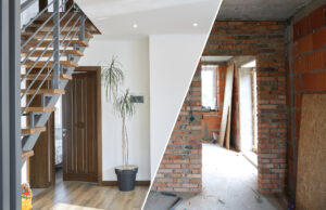 Home renovation concept. Before and after interior in modern style.
