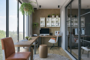 A sleek, modern home office featuring a stylish desk and a comfortable chair.