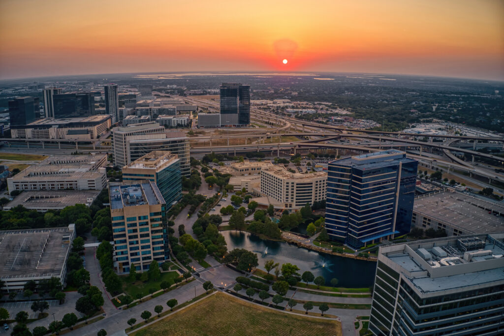 Aerial View of the Plano, Texas Business District during Summer Sunset