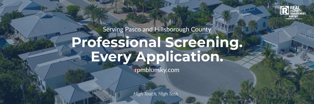 Aerial view of a Florida suburban neighborhood with Real Property Management Blue Sky contact information for Pasco and Hillsborough County