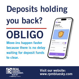 Obligo app graphic with headline Deposits Holding You Back promoting faster move-ins for RPM Blue Sky renters