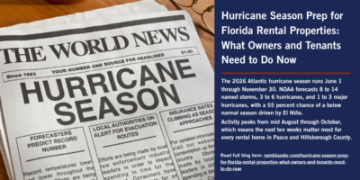 A split graphic featuring a printed newspaper on a wooden table on the left and a dark blue text banner on the right. The newspaper headline reads "HURRICANE SEASON" with smaller sub-articles about weather forecasts and evacuation routes. The dark blue banner on the right is titled "Hurricane Season Prep for Florida Rental Properties: What Owners and Tenants Need to Do Now" followed by text detailing the 2026 Atlantic hurricane season forecast, peak activity months, and advice for rental homes in Pasco and Hillsborough County.