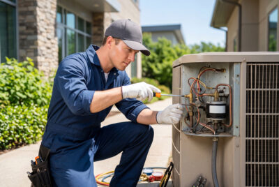 A man in a blue uniform uses a screwdriver to repair an outdoor air conditioning unit, symbolizing professional HVAC service, essential maintenance, and technical expertise