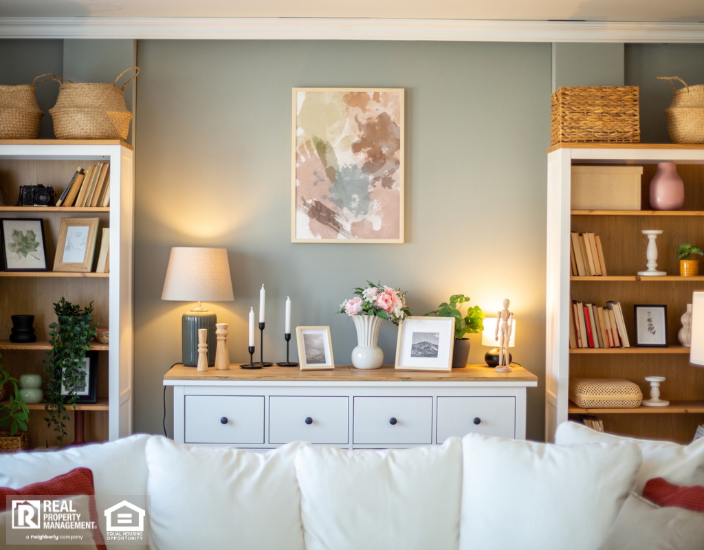 Stylish and cozy living room with bookshelves.