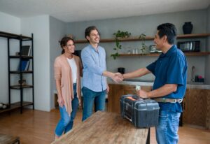 Homeowners shaking hands with a contractor in a cozy home setting.