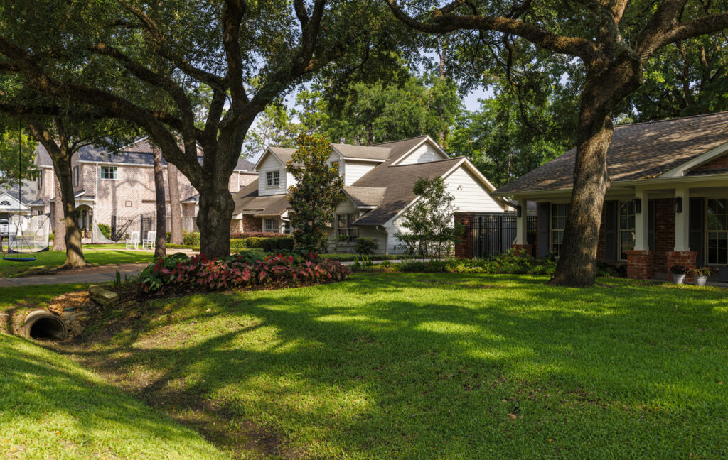 Peaceful suburban area features single-family homes among towering trees. Well-manicured lawns with colorful flower beds stretch across the foreground. Scene exudes community and prosperity in East Houston, Texas residential area.