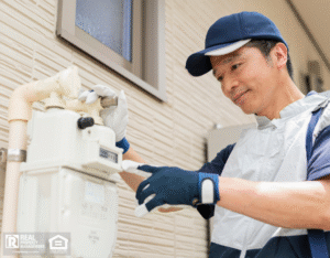 A worker checks on a gas meter outside a rental home.