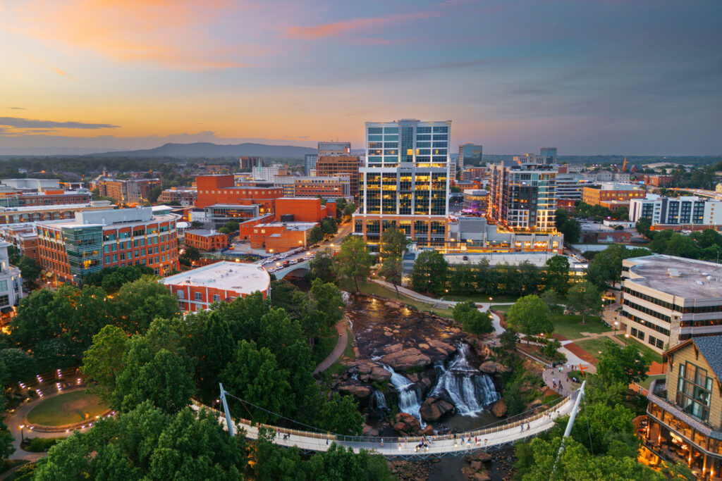 Greenville, South Carolina at Falls Park on Reedy Creek at dusk.