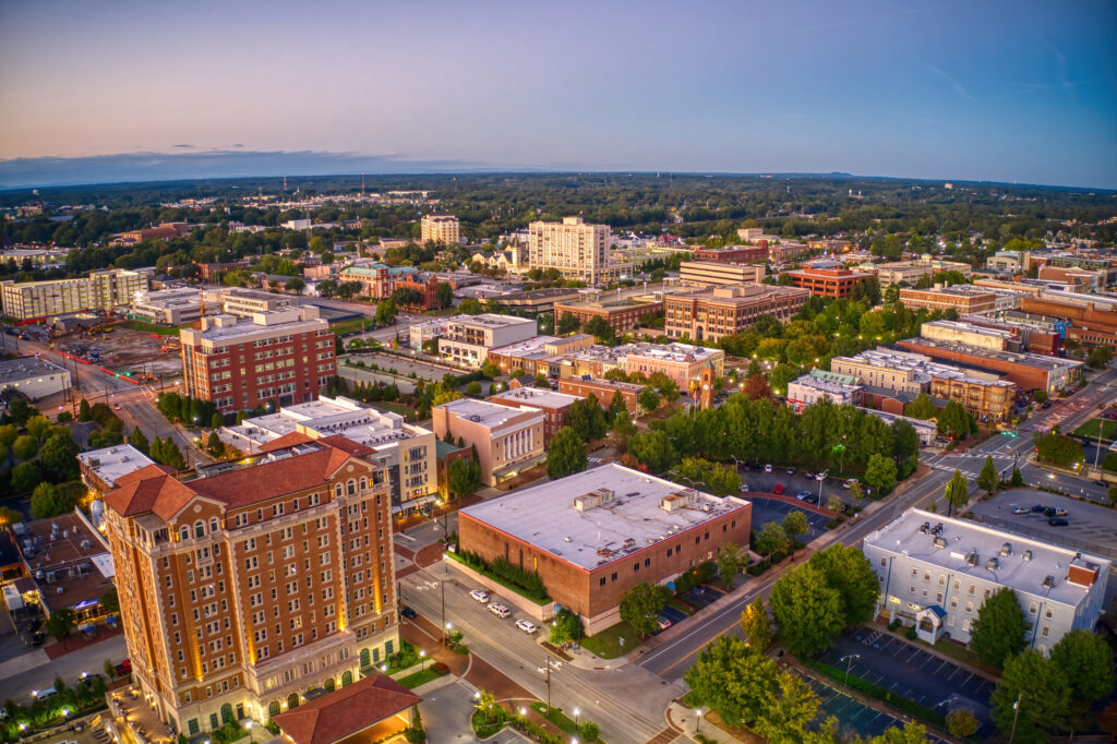 An aerial shot of Spartanburg in South Carolina during sunset
