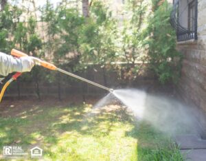 Pest control professional spraying pesticide in garden.