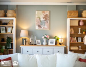 Stylish and cozy living room with bookshelves.