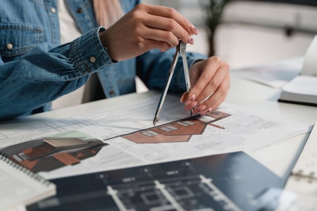 person measuring elements on a blueprint