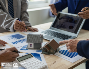Property managers review documents on a table.
