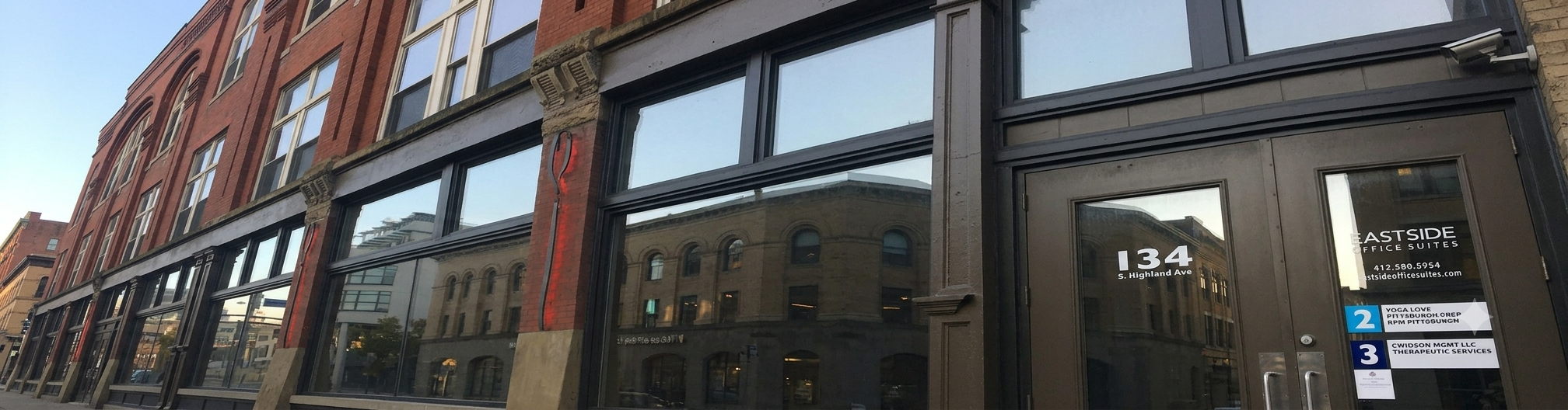 Street-level view of the office building at 134 S. Highland Avenue, Pittsburgh, near Shadyside