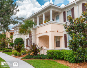 Street view, neighborhood of condominiums.