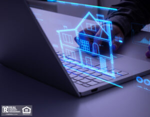 Person interacting with holographic blueprint of a house in blue color hovering above a laptop.