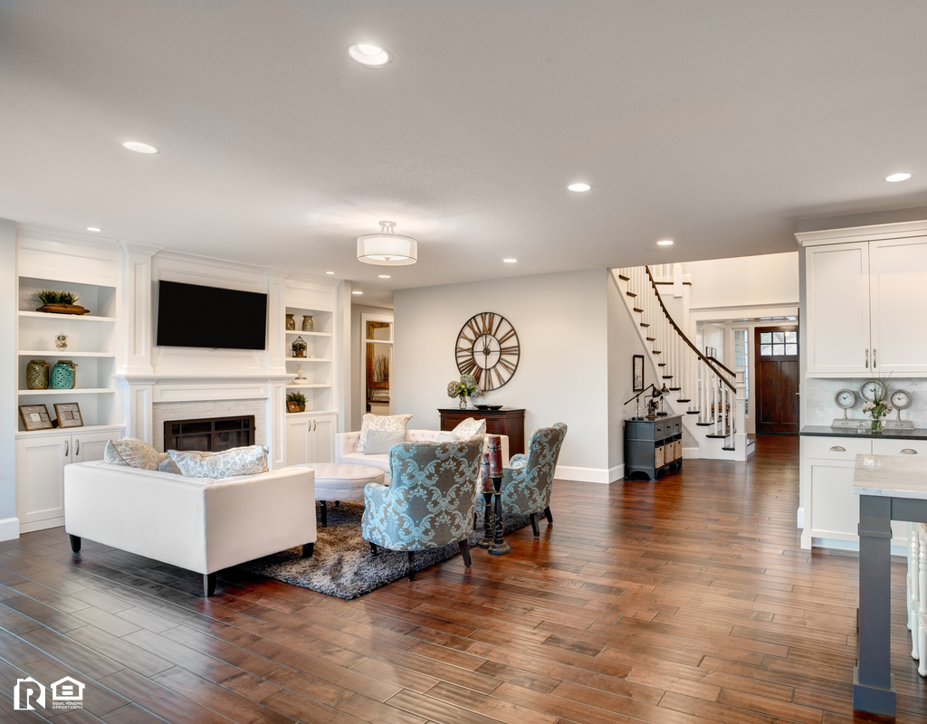 Restored Hardwood Flooring in the Kitchen and Living Room