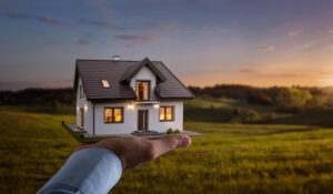 Person’s hand in foreground holding up model home in front of wide open, grassy land.