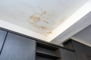 Close up of water damaged ceiling due to roof leakage.