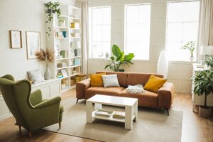 A bright living room with a plush couch, a central coffee table, and shelves lined with various books.