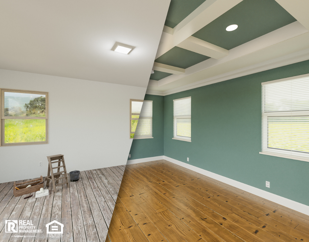 Before and after of a cozy room featuring green walls and warm wood floors, creating a welcoming atmosphere.