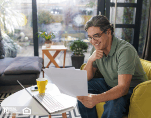 A man sitting in a yellow chair reviewing papers and working on a laptop.