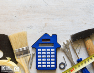 DIY tools and calculator on wooden white background.
