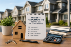 Property management tips for first-time real estate investors with a rental home, checklist, keys, and financial planning tools