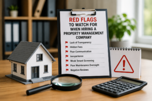 Property management company red flags checklist showing hidden fees, poor communication, weak tenant screening, and maintenance concerns