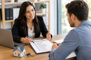 Landlord consulting with a property management professional about rental property management services and hiring considerations.
